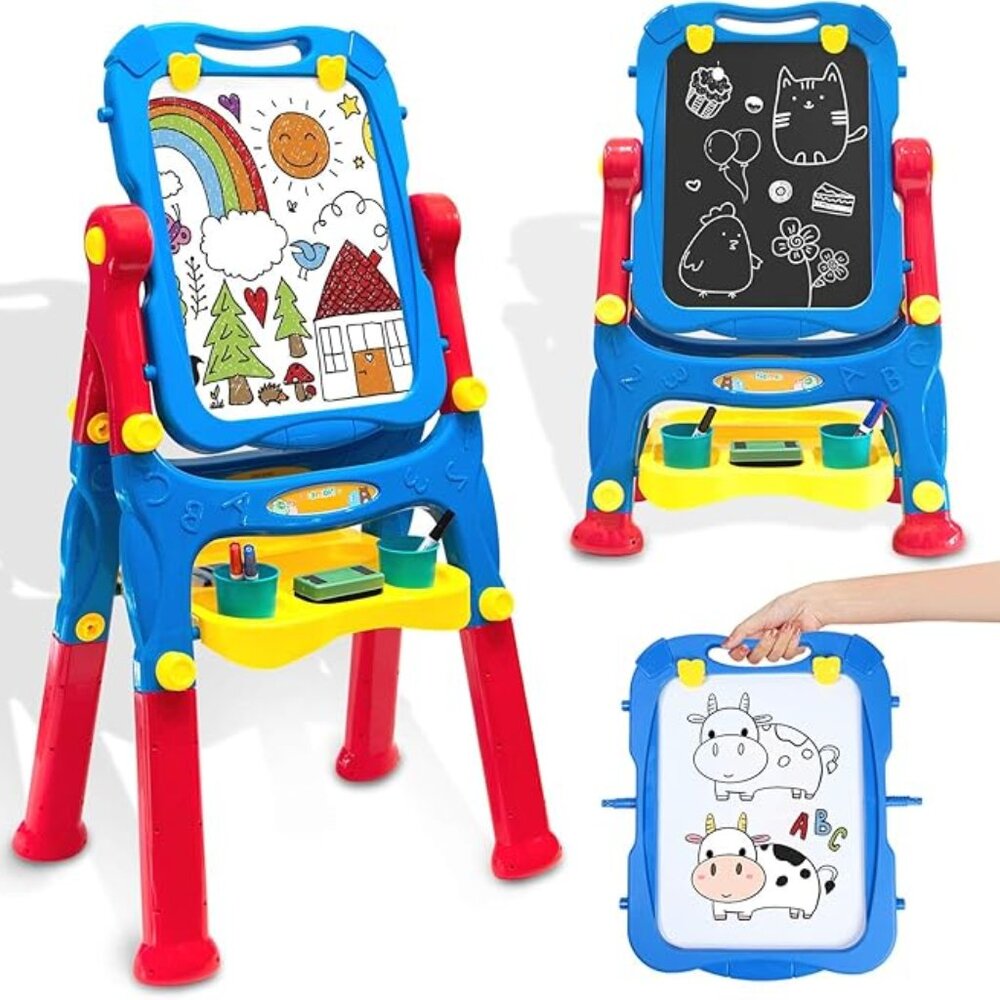 Art Easel for Kids 4 in 1 Double Sided Chalkboard and Whiteboard Adjustable